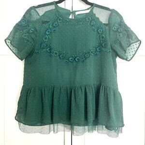 Zara Small Hunter Green Peplum Embroidered Blouse